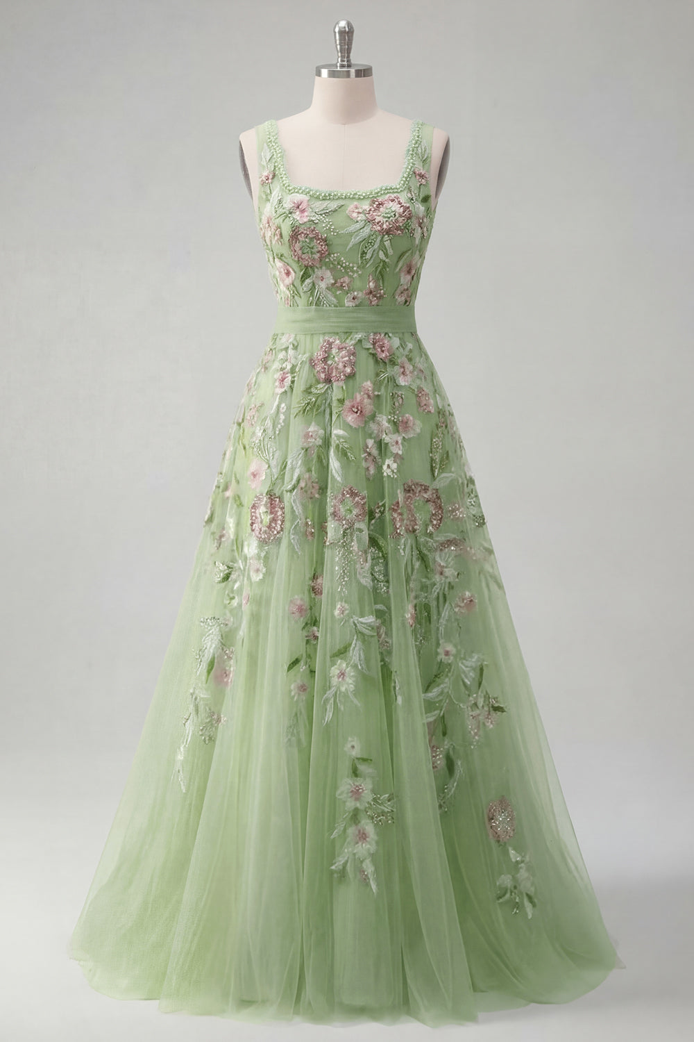 Square Neck Sparkly Green Long A Line Floral Beaded Prom Dress with Bow