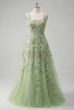 Square Neck Sparkly Green Long A Line Floral Beaded Prom Dress with Bow