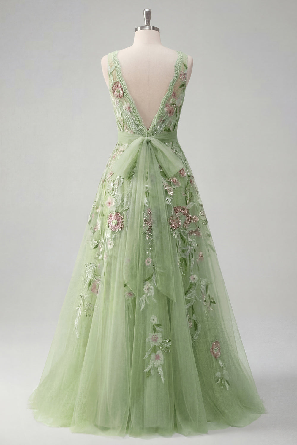 Square Neck Sparkly Green Long A Line Floral Beaded Prom Dress with Bow