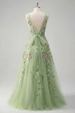 Square Neck Sparkly Green Long A Line Floral Beaded Prom Dress with Bow