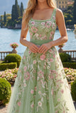 Square Neck Sparkly Green Long A Line Floral Beaded Prom Dress with Bow