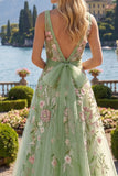 Square Neck Sparkly Green Long A Line Floral Beaded Prom Dress with Bow
