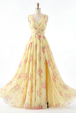 V-Neck Ruched A Line Butter Yellow Floral Prom Dress with Slit