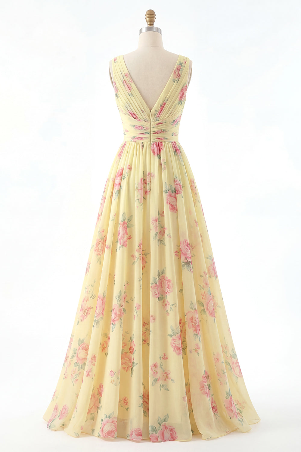 V-Neck Ruched A Line Butter Yellow Floral Prom Dress with Slit