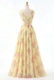 V-Neck Ruched A Line Butter Yellow Floral Prom Dress with Slit
