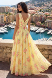 V-Neck Ruched A Line Butter Yellow Floral Prom Dress with Slit