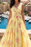 V-Neck Ruched A Line Butter Yellow Floral Prom Dress with Slit