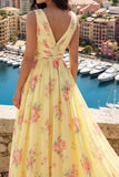 V-Neck Ruched A Line Butter Yellow Floral Prom Dress with Slit