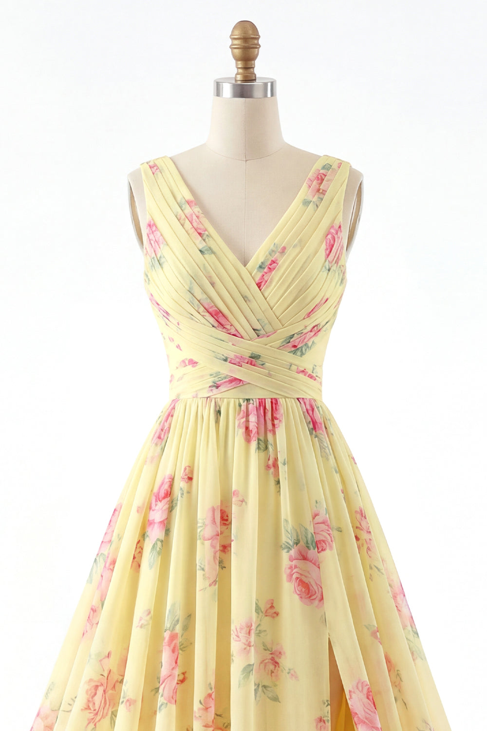 V-Neck Ruched A Line Butter Yellow Floral Prom Dress with Slit