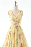 V-Neck Ruched A Line Butter Yellow Floral Prom Dress with Slit
