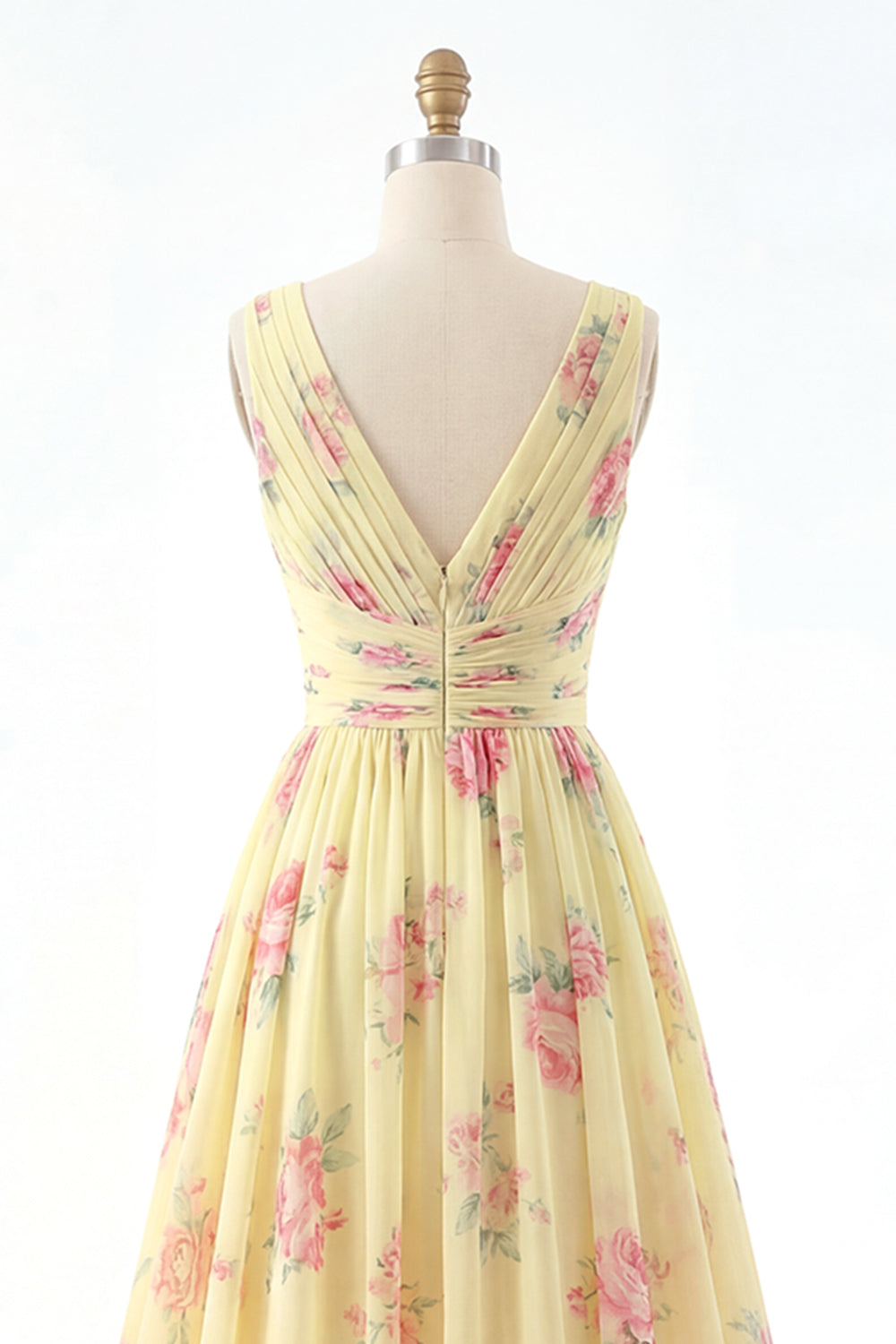 V-Neck Ruched A Line Butter Yellow Floral Prom Dress with Slit