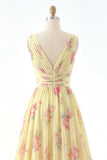 V-Neck Ruched A Line Butter Yellow Floral Prom Dress with Slit