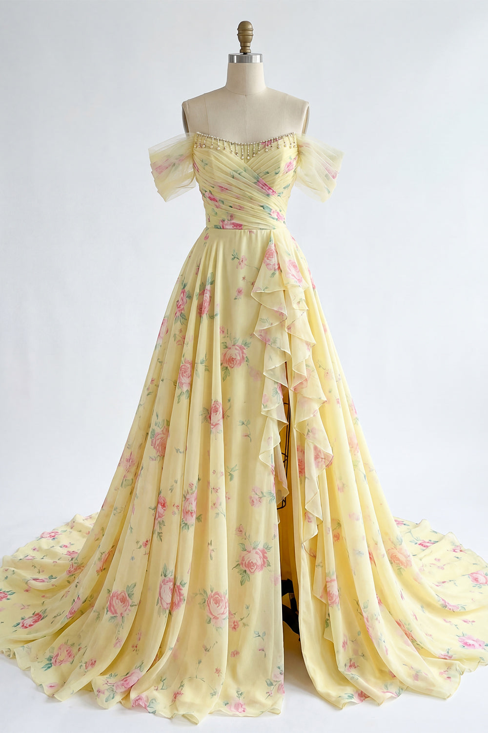 Ruffled A Line Butter Yellow Floral Beaded Prom Dress with Slit
