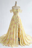 Ruffled A Line Butter Yellow Floral Beaded Prom Dress with Slit