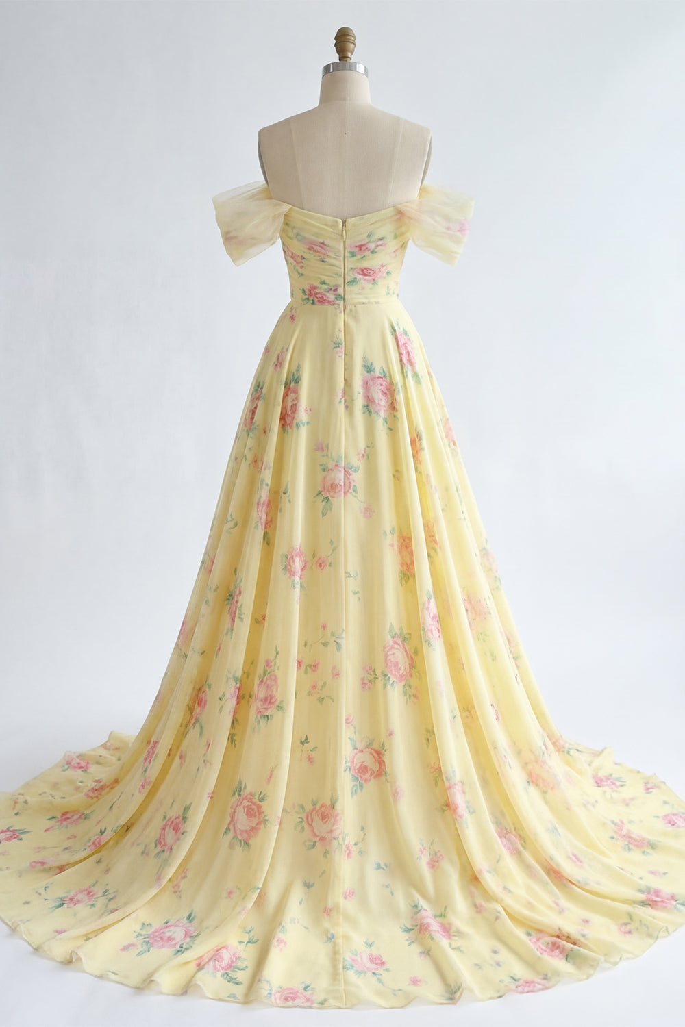 Ruffled A Line Butter Yellow Floral Beaded Prom Dress with Slit