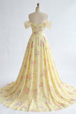 Ruffled A Line Butter Yellow Floral Beaded Prom Dress with Slit