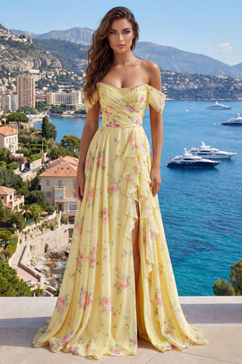 Ruffled A Line Butter Yellow Floral Beaded Prom Dress with Slit