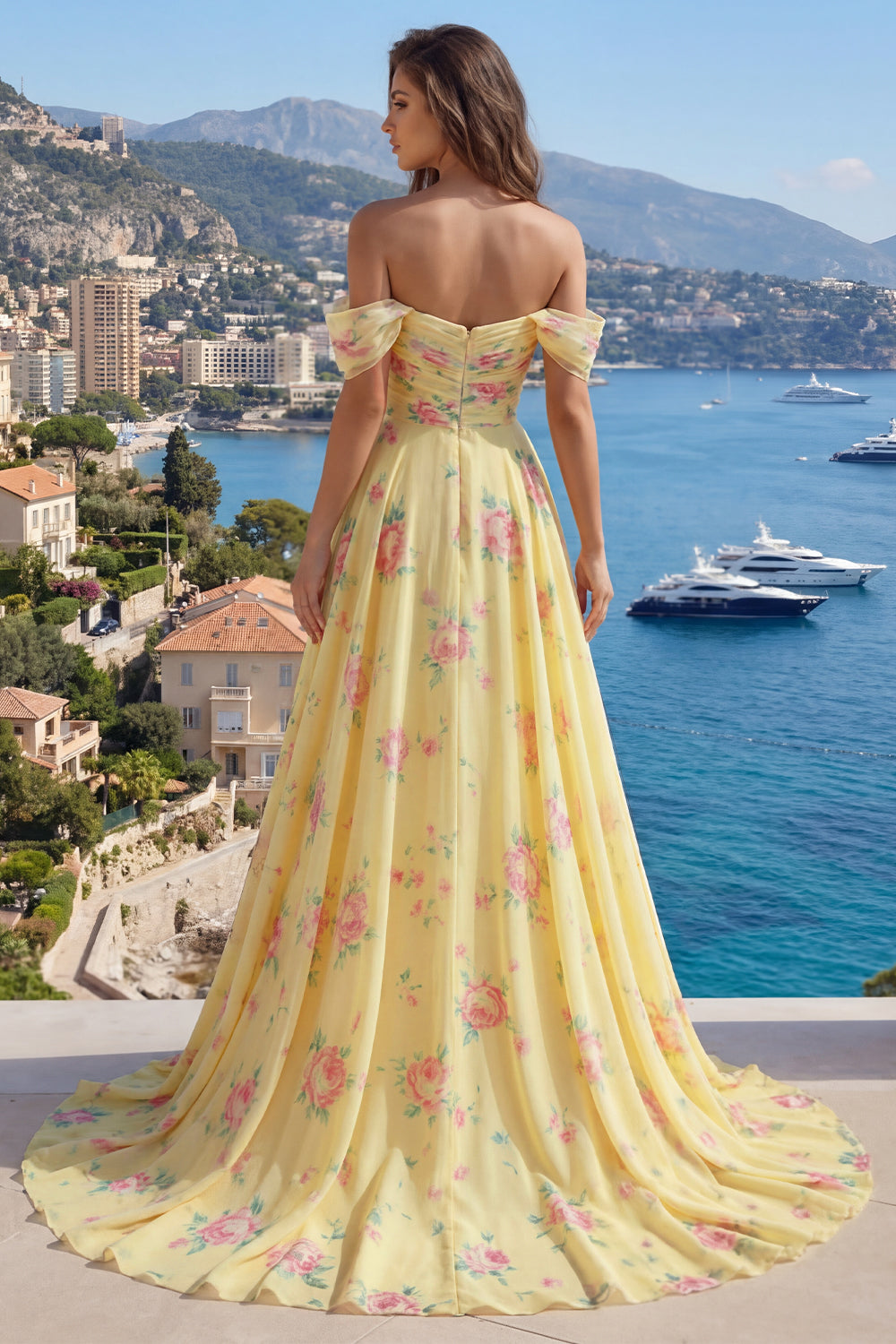 Ruffled A Line Butter Yellow Floral Beaded Prom Dress with Slit