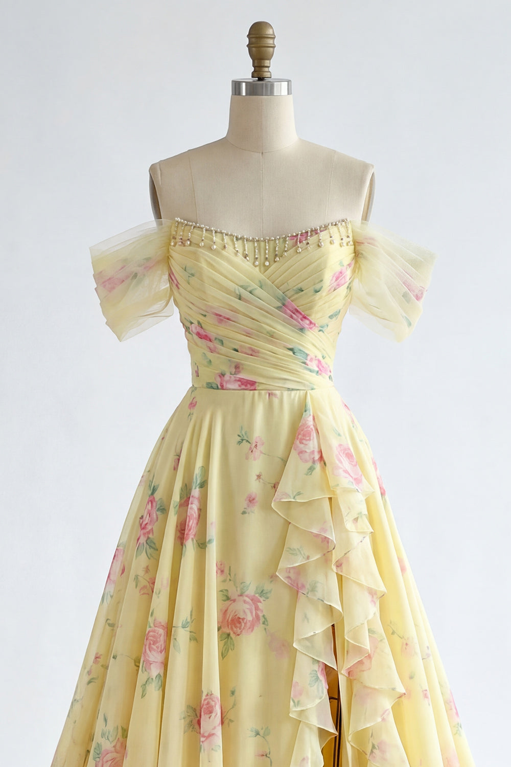 Ruffled A Line Butter Yellow Floral Beaded Prom Dress with Slit