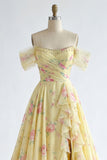 Ruffled A Line Butter Yellow Floral Beaded Prom Dress with Slit