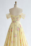 Ruffled A Line Butter Yellow Floral Beaded Prom Dress with Slit