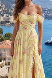 Ruffled A Line Butter Yellow Floral Beaded Prom Dress with Slit
