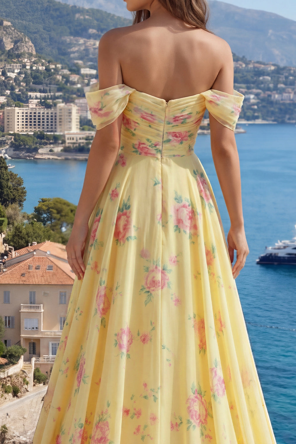 Ruffled A Line Butter Yellow Floral Beaded Prom Dress with Slit