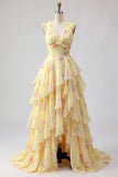 V-Neck A Line Butter Yellow Floral Prom Dress with Ruffles