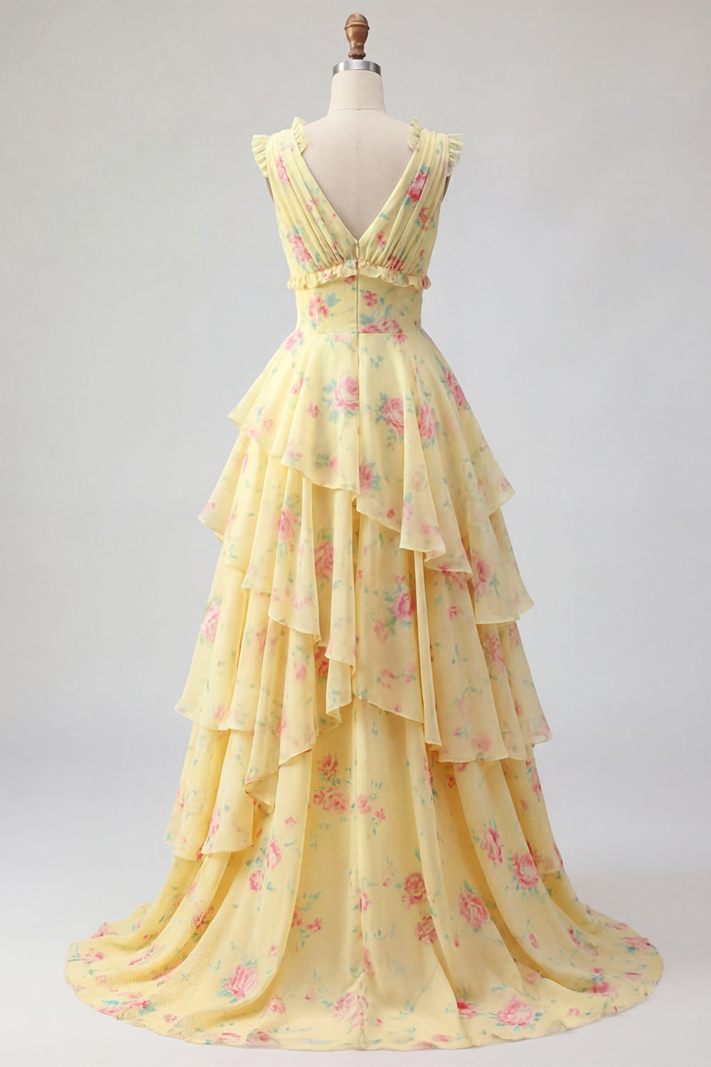 V-Neck A Line Butter Yellow Floral Prom Dress with Ruffles