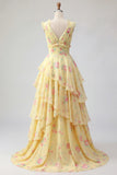 V-Neck A Line Butter Yellow Floral Prom Dress with Ruffles