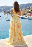 V-Neck A Line Butter Yellow Floral Prom Dress with Ruffles