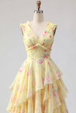 V-Neck A Line Butter Yellow Floral Prom Dress with Ruffles