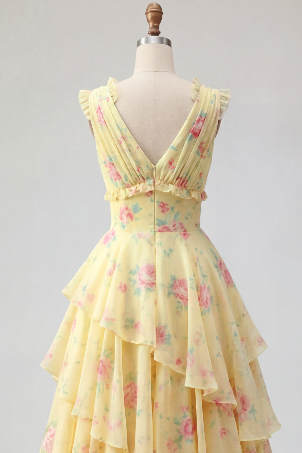 V-Neck A Line Butter Yellow Floral Prom Dress with Ruffles