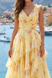 V-Neck A Line Butter Yellow Floral Prom Dress with Ruffles