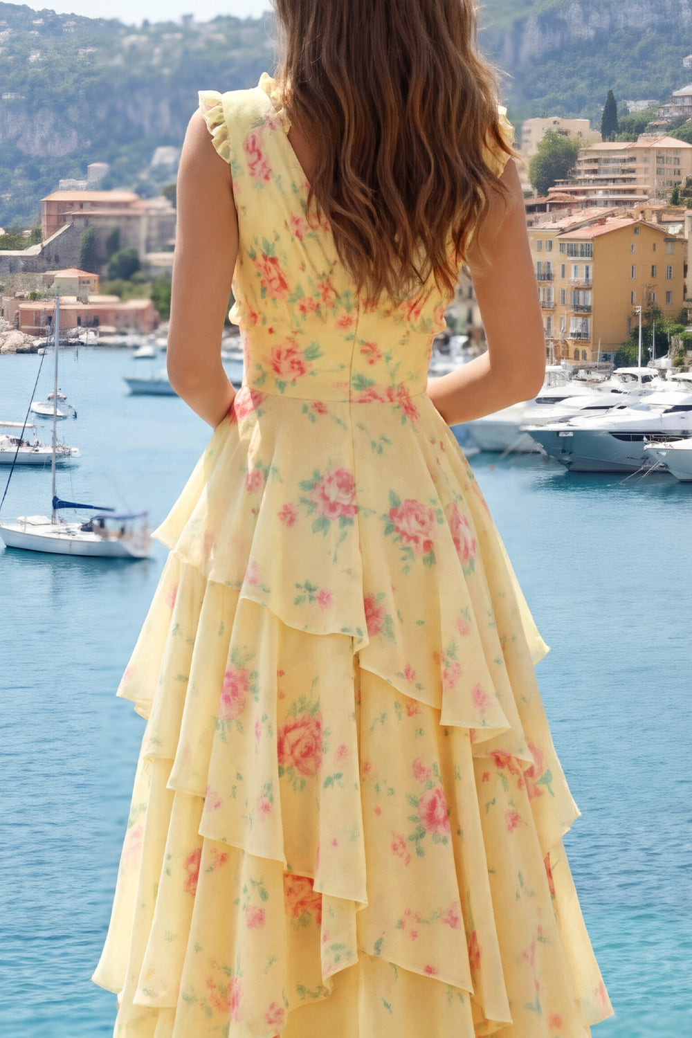 V-Neck A Line Butter Yellow Floral Prom Dress with Ruffles
