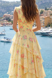 V-Neck A Line Butter Yellow Floral Prom Dress with Ruffles
