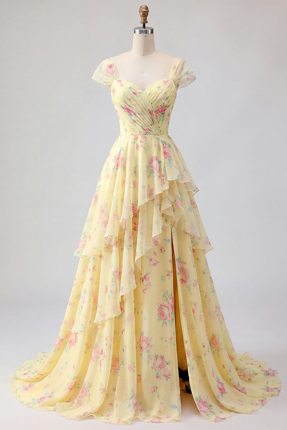 Cap Sleeves A Line Butter Yellow Ruffled Floral Prom Dress with Slit