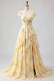 Cap Sleeves A Line Butter Yellow Ruffled Floral Prom Dress with Slit