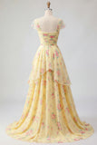 Cap Sleeves A Line Butter Yellow Ruffled Floral Prom Dress with Slit