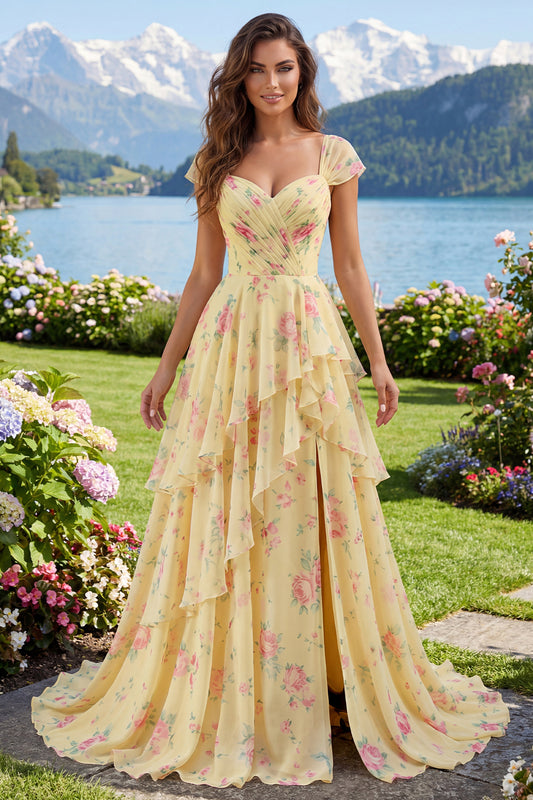 Cap Sleeves A Line Butter Yellow Ruffled Floral Prom Dress with Slit