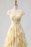 Cap Sleeves A Line Butter Yellow Ruffled Floral Prom Dress with Slit
