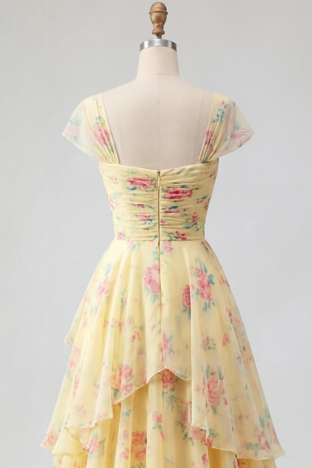 Cap Sleeves A Line Butter Yellow Ruffled Floral Prom Dress with Slit