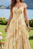 Cap Sleeves A Line Butter Yellow Ruffled Floral Prom Dress with Slit