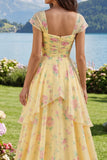 Cap Sleeves A Line Butter Yellow Ruffled Floral Prom Dress with Slit