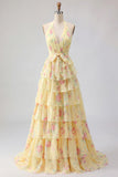 Halter A Line Butter Yellow Floral Prom Dress with Ruffles