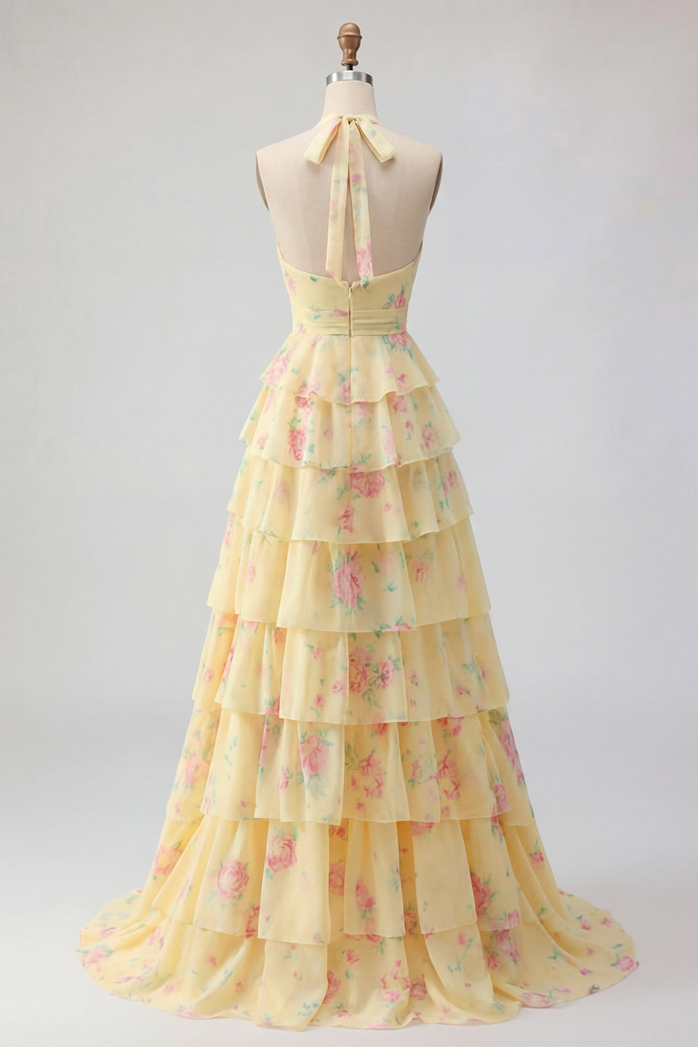 Halter A Line Butter Yellow Floral Prom Dress with Ruffles