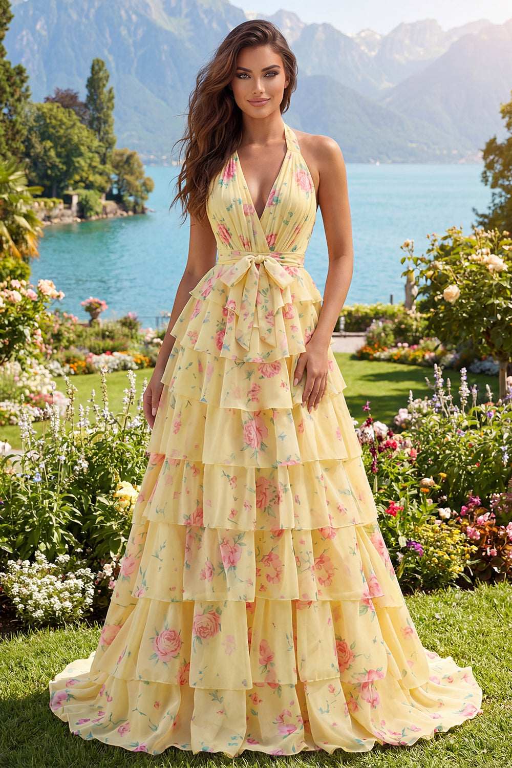 Halter A Line Butter Yellow Floral Prom Dress with Ruffles