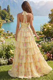 Halter A Line Butter Yellow Floral Prom Dress with Ruffles