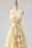 Halter A Line Butter Yellow Floral Prom Dress with Ruffles