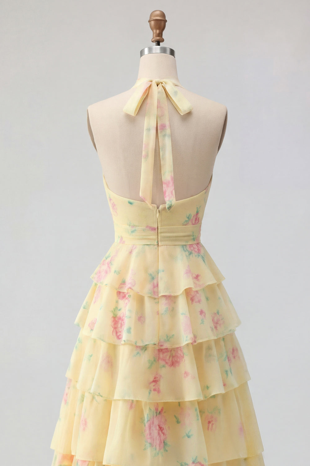 Halter A Line Butter Yellow Floral Prom Dress with Ruffles